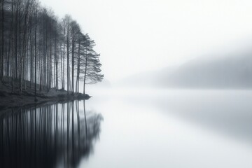 Fototapeta premium Misty Lake with Reflected Trees