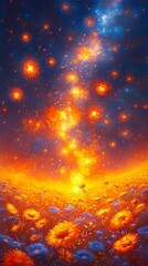 Naklejka premium A painting of a field of flowers under a starry sky