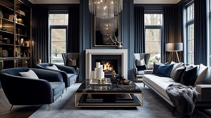 Stylish living room with a refined navy blue and silver theme