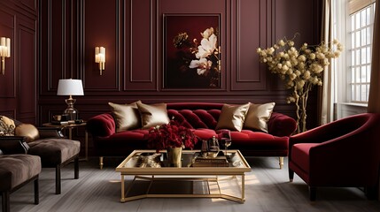 Stylish living room with luxurious burgundy and gold decor