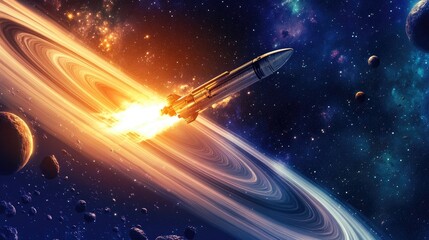 Spaceship flying through a nebula with a planet and asteroid field in the background.