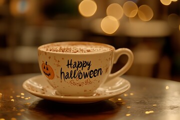 lettering "Happy halloween" on cappuchino cup on golden bokeh detailed