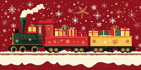 New Year's train and carriages filled with gifts on a red background