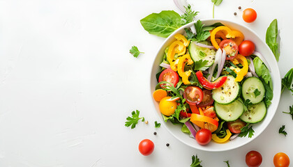 Bowl with delicious vegetable salad on white background, top view