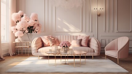 Stylish living room with a chic rose gold and blush pink color palette