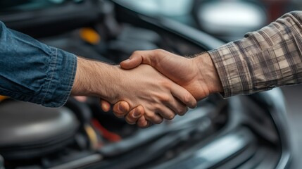  The mechanic shaking hands with customer after finish checking the opened hood car