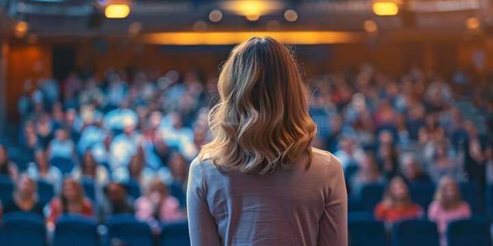 A woman speaker presenting at a corporate business seminar with unidentified attendees in a conference venue. Event focused on business and entrepreneurship.