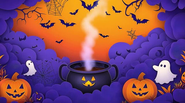 Vibrant Halloween-themed paper art illustrations featuring playful ghosts, jack-o'-lanterns, bats, and cauldrons against colorful backgrounds.