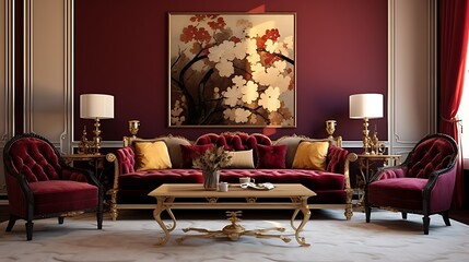 Stylish living room with luxurious burgundy and gold decor