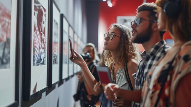 Diverse guests scan QR code for details on monochrome picture displayed at museum exhibit.
