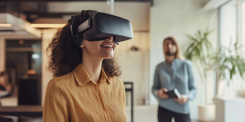 A woman wearing a yellow shirt is wearing a virtual reality headset. A man is standing behind her
