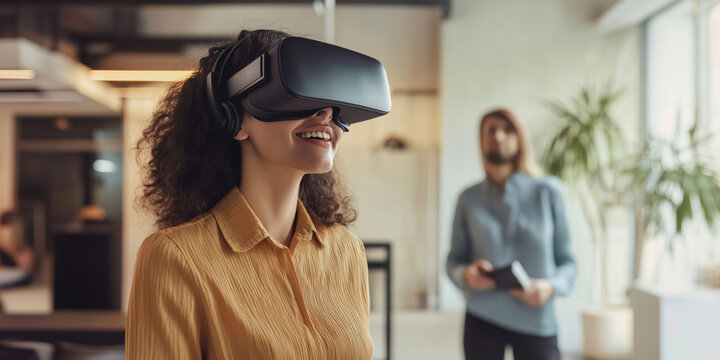 A woman wearing a yellow shirt is wearing a virtual reality headset. A man is standing behind her