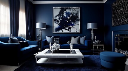 Stylish living room with a refined navy blue and silver theme