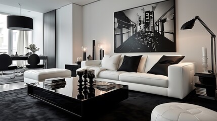 Stylish living room with a sleek monochrome black and white design
