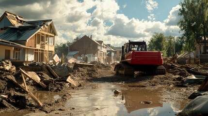 Fototapeta premium Explore the role of construction in disaster recovery, where rapid rebuilding efforts restore communities after natural disasters.