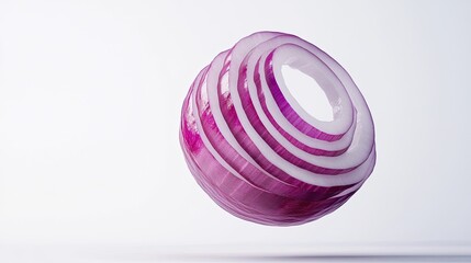 Obraz premium A suspended red onion sliced into delicate rings, revealing crisp, purple layers that slightly separate from each other, floating gracefully against a white background. Perfect for culinary visuals