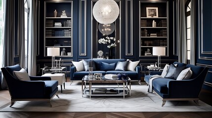Stylish living room with a refined navy blue and silver theme