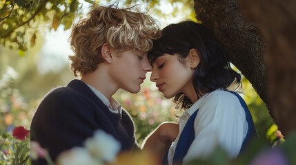 Naklejka premium Young couple sharing a tender moment under a tree in a vibrant flower garden during golden hour