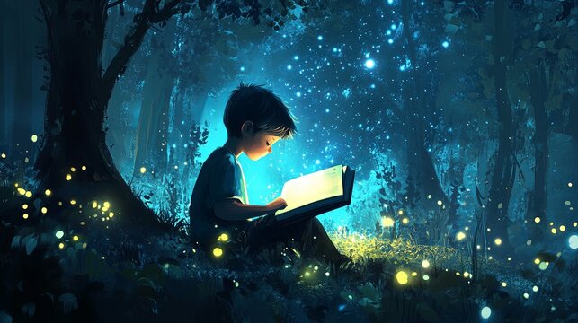 Illustration of a boy reading a book in a magical forest at night