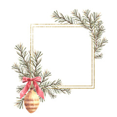 Fototapeta premium Spruce tree branches old fashioned. Christmas square frame. Retro fir toy framed in gold. Watercolor illustration. Xmas card template, vintage golden spruce cone with red bow. Isolated from background
