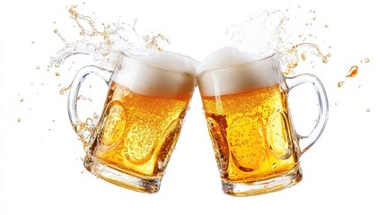 Two beer mugs clink together mid-air, with foam and beer splashing out, isolated on a white background, capturing the joy of celebration and camaraderie.