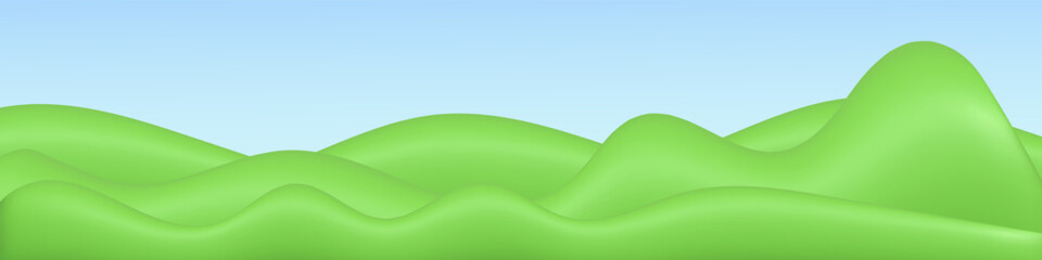Obraz premium 3d plastic green hills landscape template. Summer field minimal nature composition with blue sky