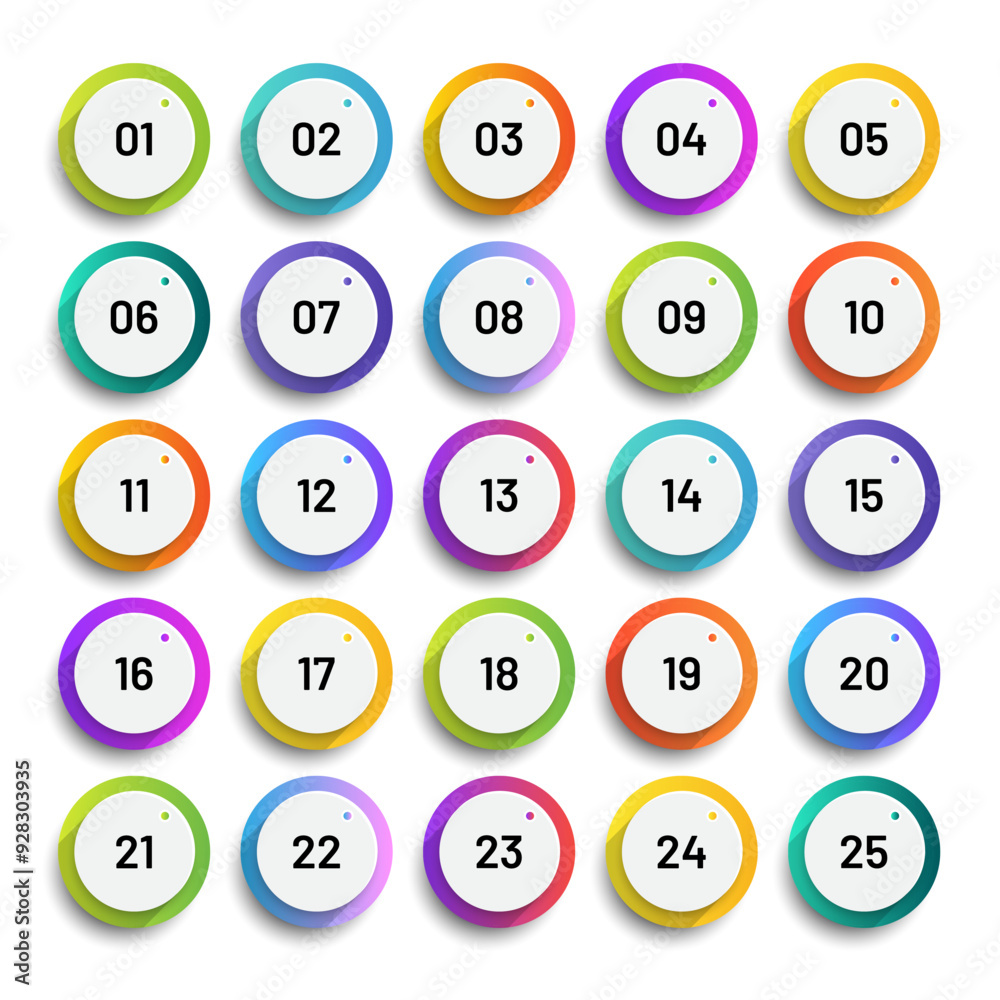 Wall mural number bullet points 1 to 25. trendy gradient markers vector set