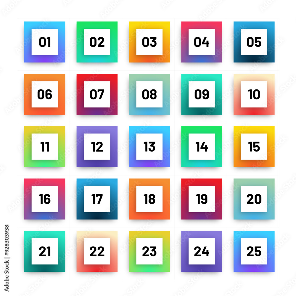 Wall mural number bullet points 1 to 25. trendy gradient markers vector set