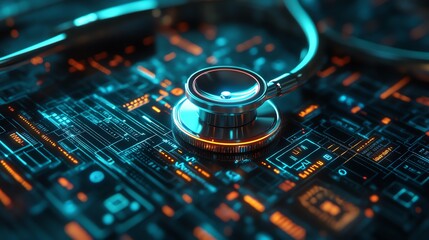Stethoscope on a futuristic digital interface.
