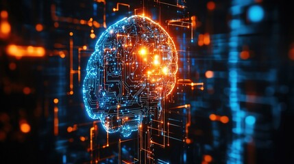 A glowing blue and orange circuit board shaped like a brain in a dark background.