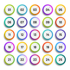 Number bullet points 1 to 25. Trendy gradient markers vector set