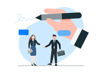 Business people and business partners closing deal, business negotiations, sign a contract, agreement, discussing investment to startup, partnership, lease contract, property lease, insurance policy.