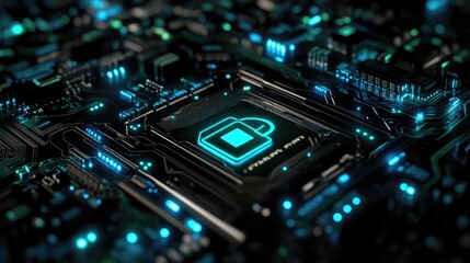 A glowing padlock icon sits on a circuit board, representing digital security.
