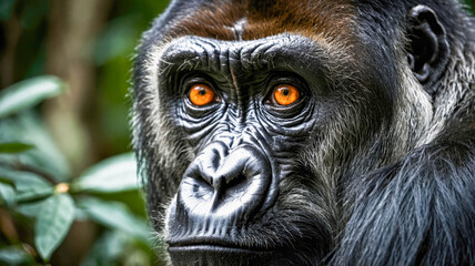 Obraz premium A striking portrait of a Western Lowland Gorilla with intense orange eyes, gazing directly into the camera amidst green foliage