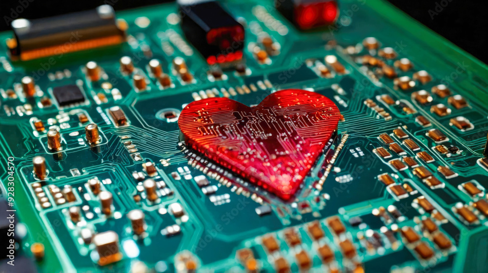 Poster a heart shape embedded in a computer chip, symbolizing the fusion of technology and emotion