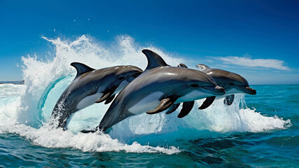 Fototapeta premium A dynamic scene of dolphins leaping gracefully through bright blue ocean waves under a clear sky