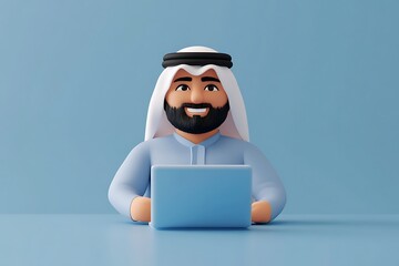 Smiling 3D Cartoon Arab Man Working on Laptop at Desk