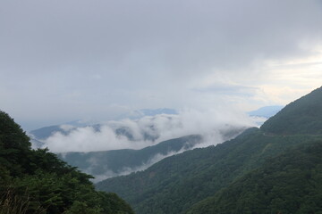 雨にけぶる山々