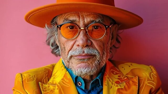 eccentric older man dressed in vibrant colours