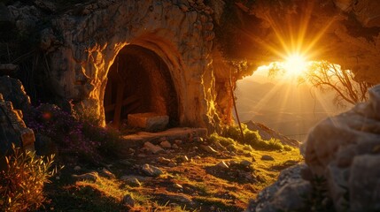Empty tomb of Jesus at dawn, stone rolled away, sunlight streaming in.