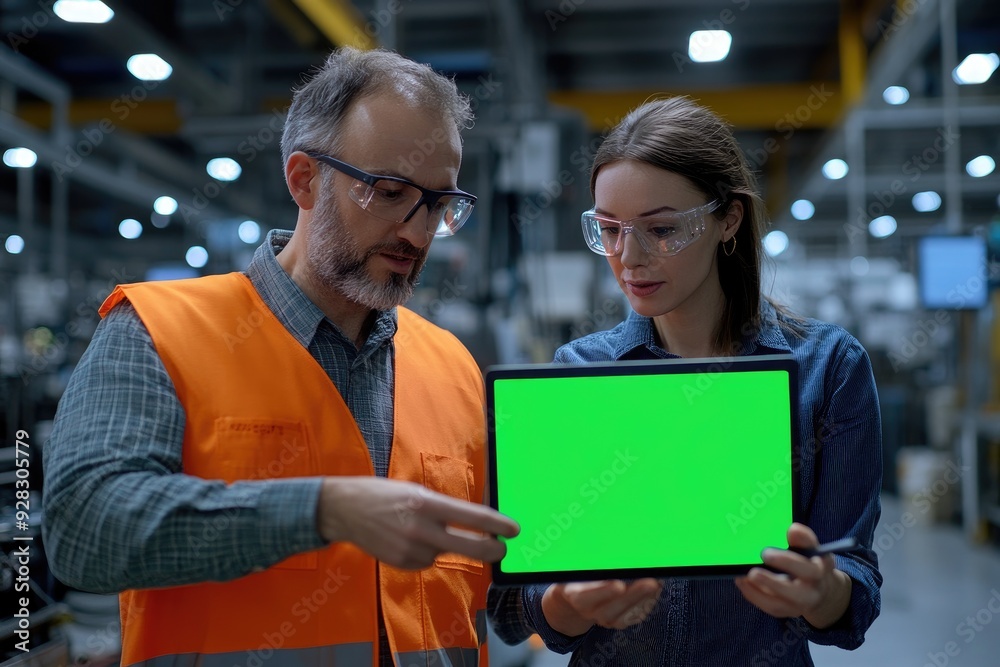 Aufkleber two industrial engineers discussing and pointing at green screen tablet in factory