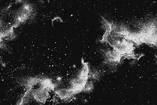 Fototapeta Milky way, galaxy, nebula, stars in pointillism style. Vintage stippled background of deep space. Vector illustration in retro grainy grunge texture for music poster, concert banner, cd cover, collage