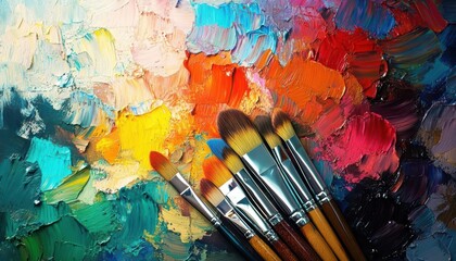 Fototapeta premium A close-up of paint brushes on a colorful palette with oil paint.