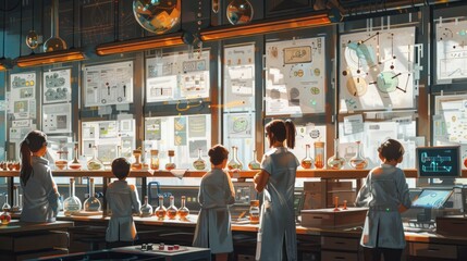 School lab, students conducting experiments, beakers, test tubes, teacher guiding, charts on walls.