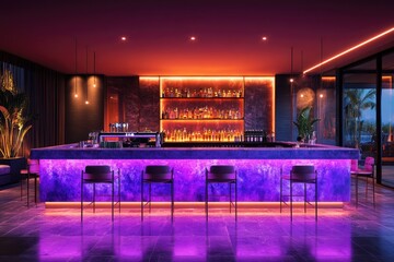 Modern bar with purple backlit countertop in luxury home at night