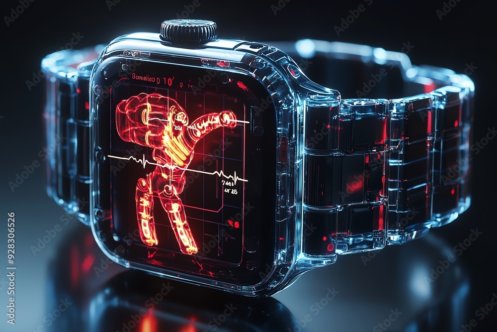 Aufkleber transparent smartwatch with red glowing interface.