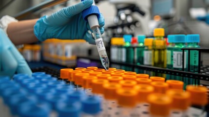 Fototapeta premium Medical laboratory technician preparing test tube, vaccine development, detailed instruments, glassware.