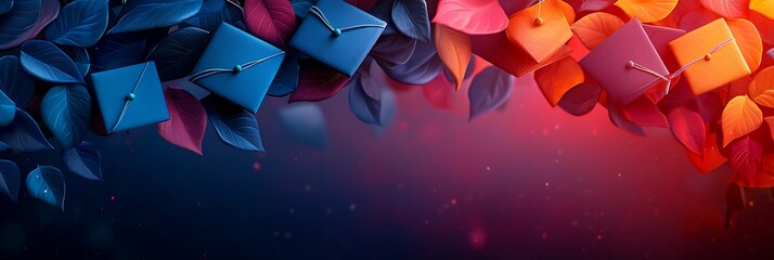 Celebratory School Graduation Ceremony Illustration with Tossed Caps on Gradient Background - Copy Space for Text Included