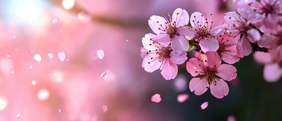 Obraz premium Delicate pink cherry blossoms with falling petals in a soft, dreamy setting.