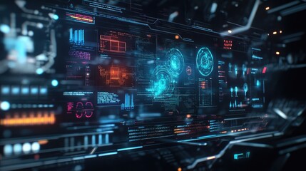 Fototapeta premium Futuristic digital display with blue and orange glowing lines, graphs and data.